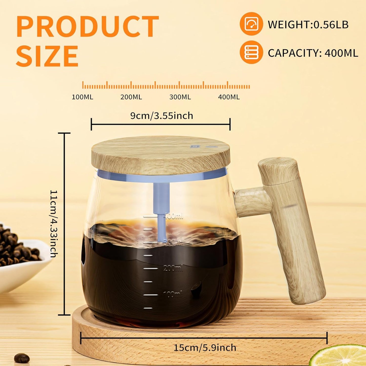 Electric Self Stirring Coffee Mug - 400ml Lightweight High Speed Mixing Cup for Home